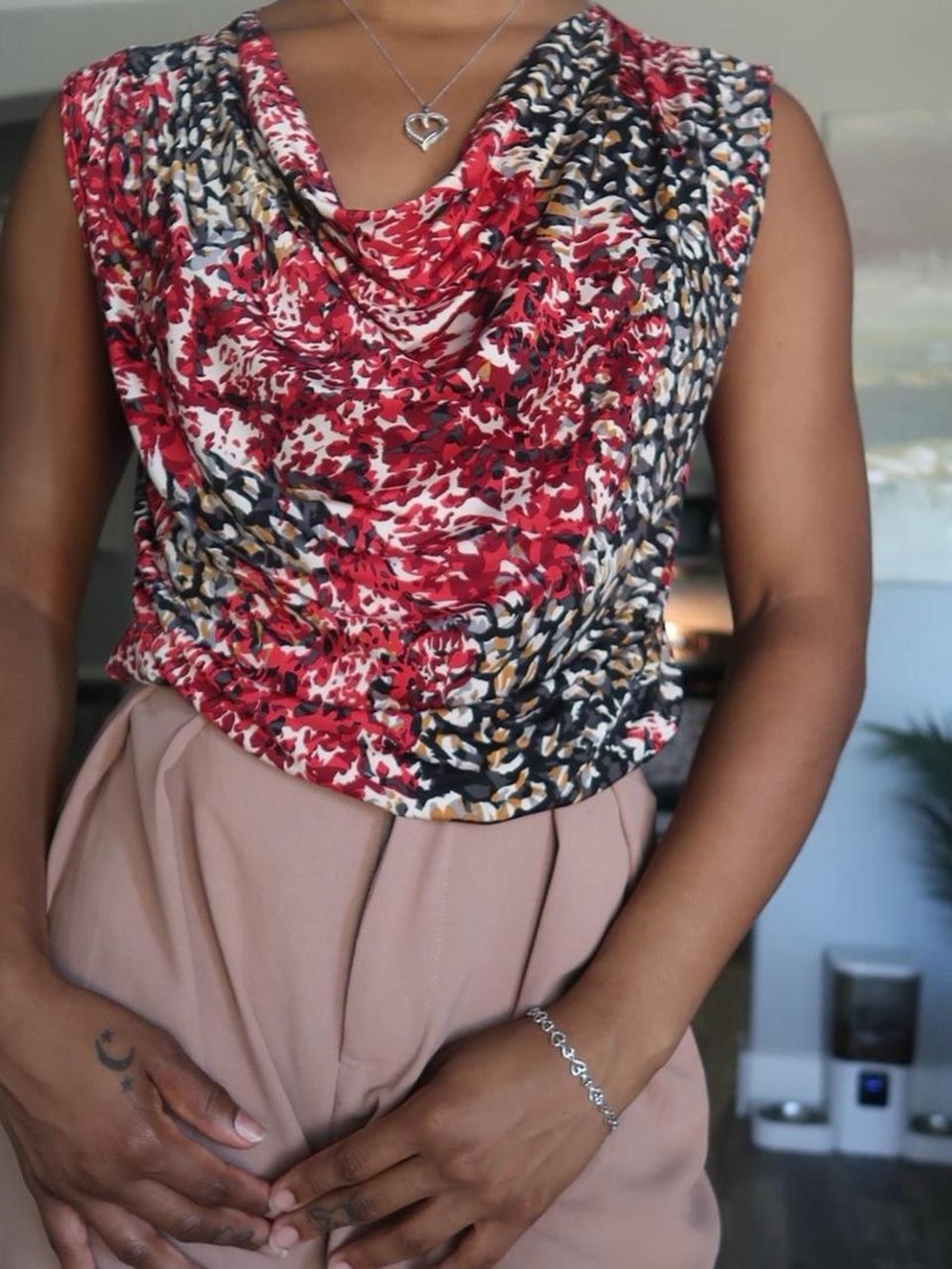 Cowl-Neck Floral Print Camisole - Red Multi
